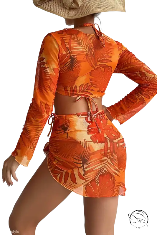 Four piece lace up orange tropical leaf print crop top skirt set