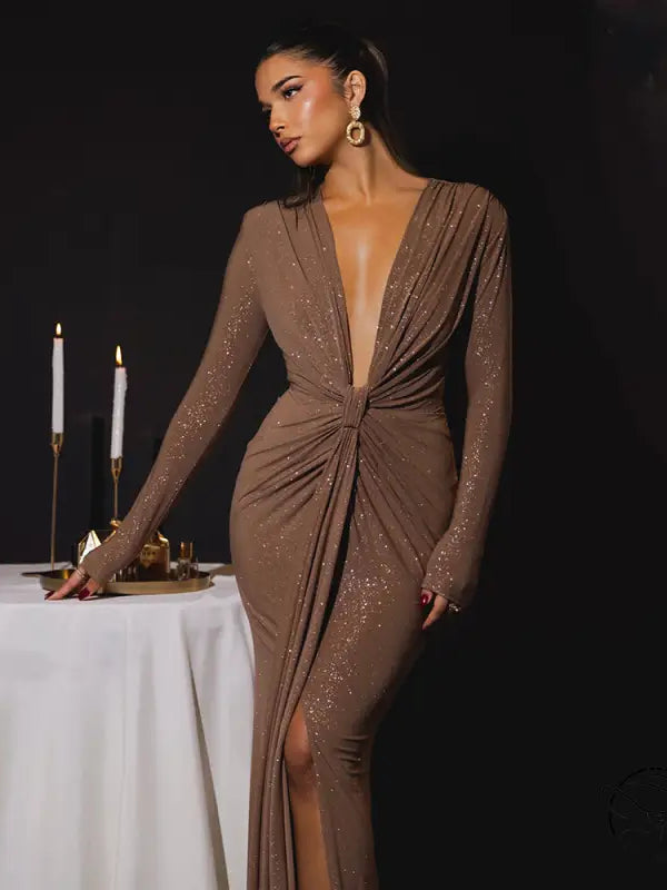 Elegant brown slit slim fitting dress with plunging neckline