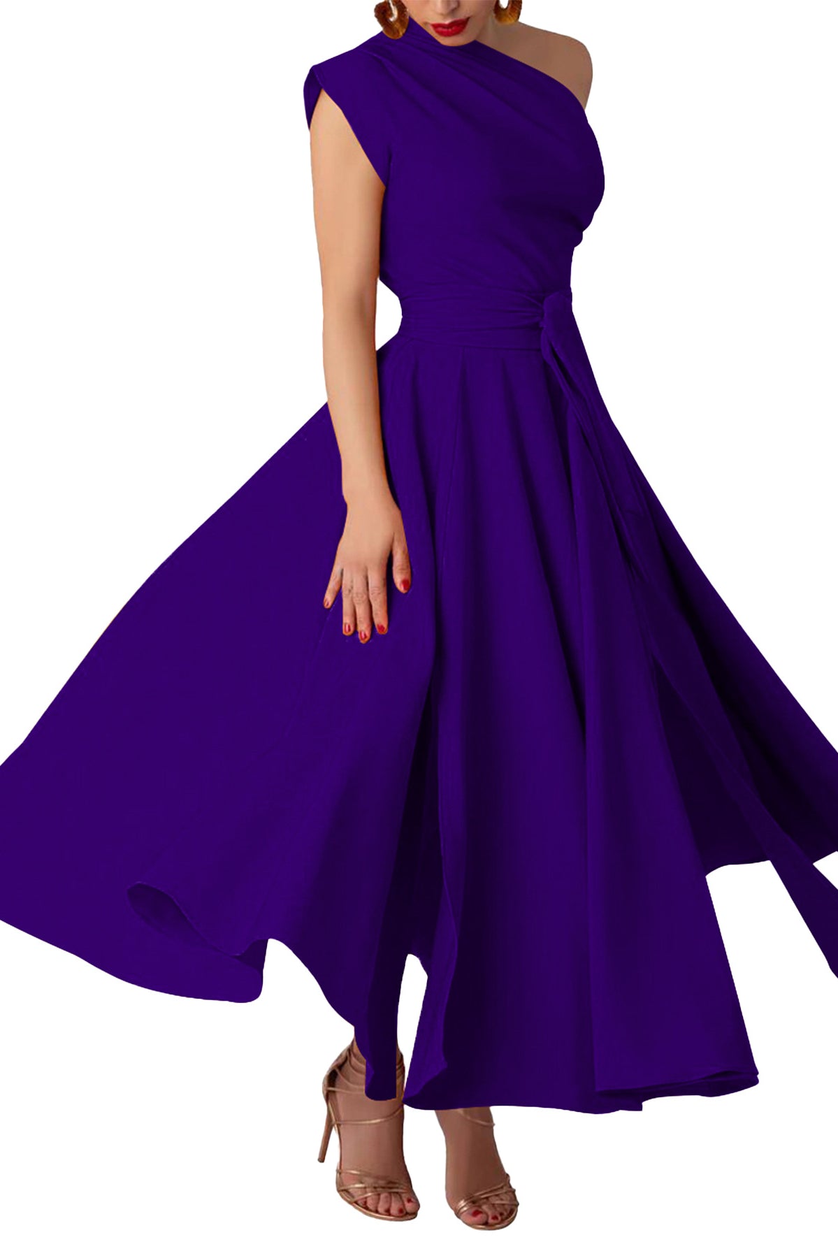 Royal blue satin maxi dress with high neckline and asymmetrical hemline