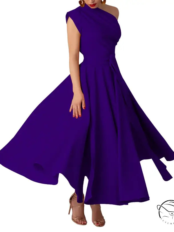 Royal blue satin maxi dress with high neckline and asymmetrical hemline