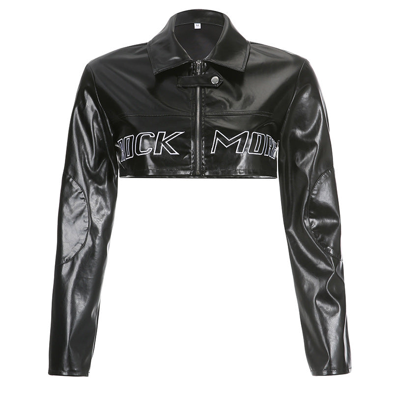 Black cropped short leather jacket with letter graphic embroidery for stylish appeal
