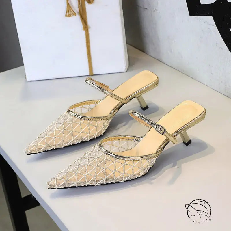 Langry fashion gold mesh lace pointed toe stiletto mule sandal