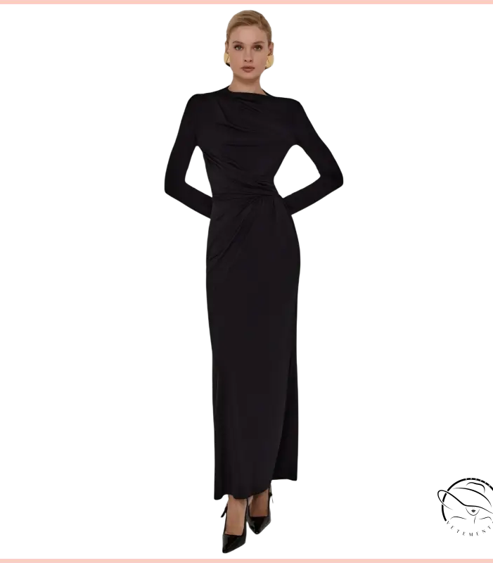 Sleek black long-sleeved maxi dress with draped waist and high slit