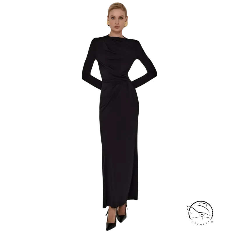 Sleek black maxi dress with draped waist, high slit, and fitted pleats