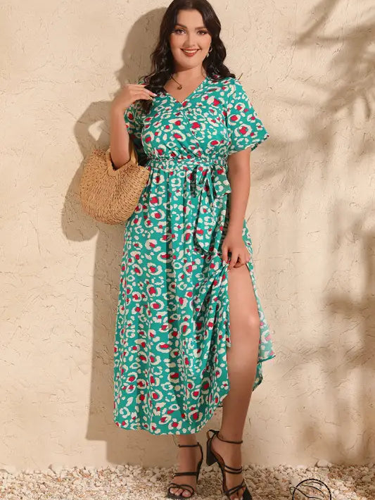 Green floral print colorful rose holiday midi dress