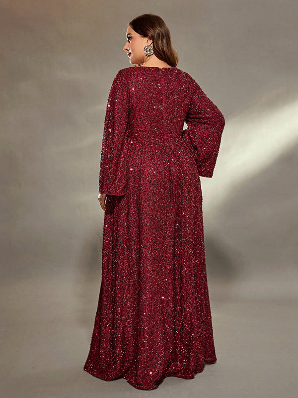 Elegant maroon sequin-covered long-sleeved gown from Extra Flattering Evening Dress collection, perfect for fashion lovers and ملابس enthusiasts