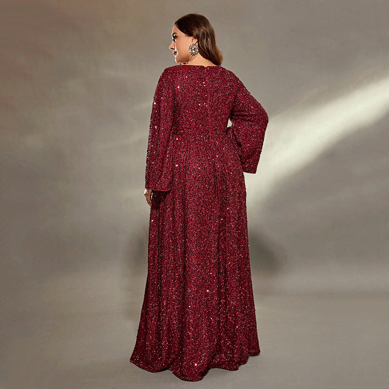 Elegant maroon sequin-covered long-sleeved gown from Extra Flattering Evening Dress collection, perfect for fashion lovers and ملابس enthusiasts