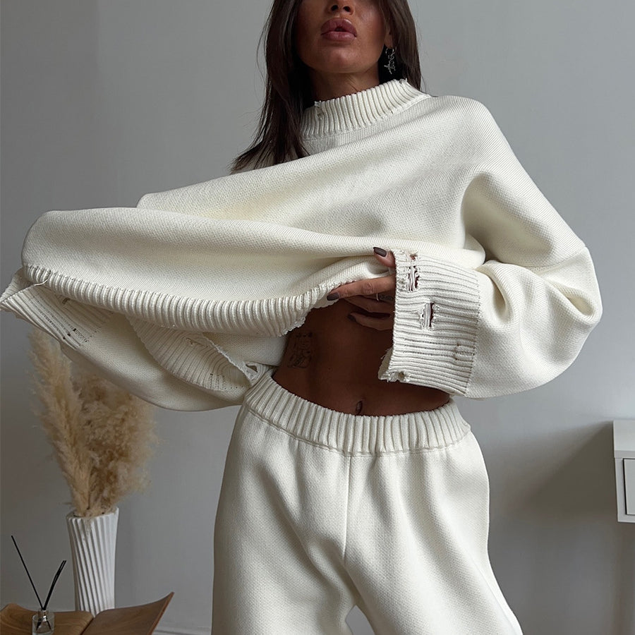 Winter Knitted Ankle Tight Pants Turtleneck Sweater Set