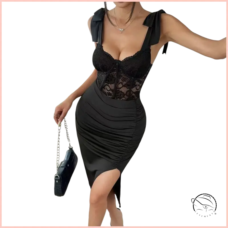 Elegant black lace langry fashion sheath dress with ruched skirt
