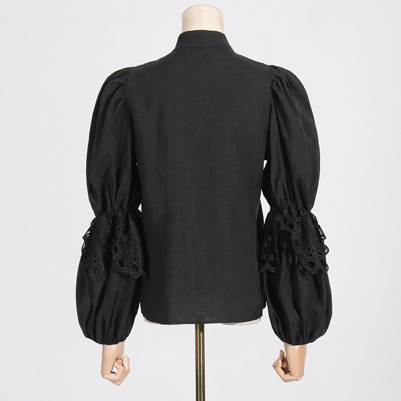 Black puff sleeve blouse with lace cuffs from French Artistic Palace Embroidery Jumpsuit showcasing elegant fashion and ملابس