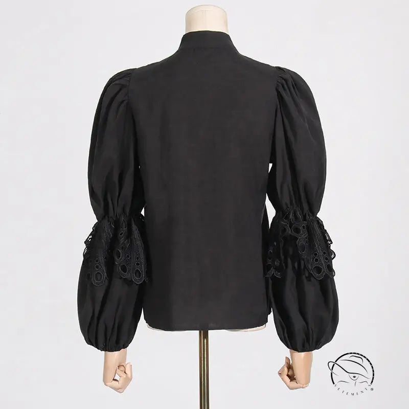 Black blouse with French artistic palace embroidery puff sleeves