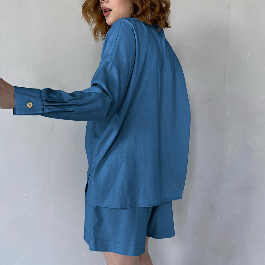 Blue satin pajama set from Casual Winter Pajamas, stylish langry fashion ملابس