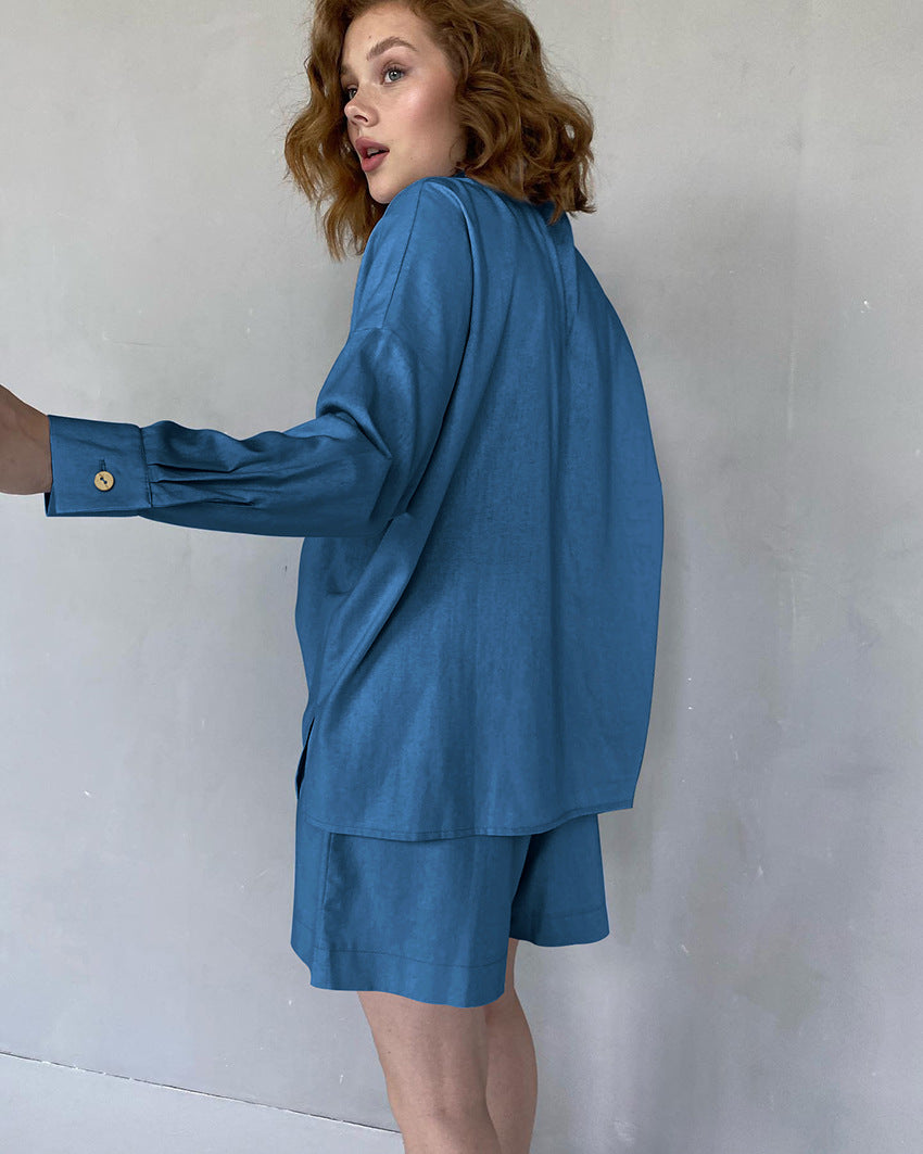Blue satin pajama set from Casual Winter Pajamas, stylish langry fashion ملابس