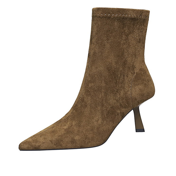 Langry fashion brown suede ankle boot with pointed toe and low heel
