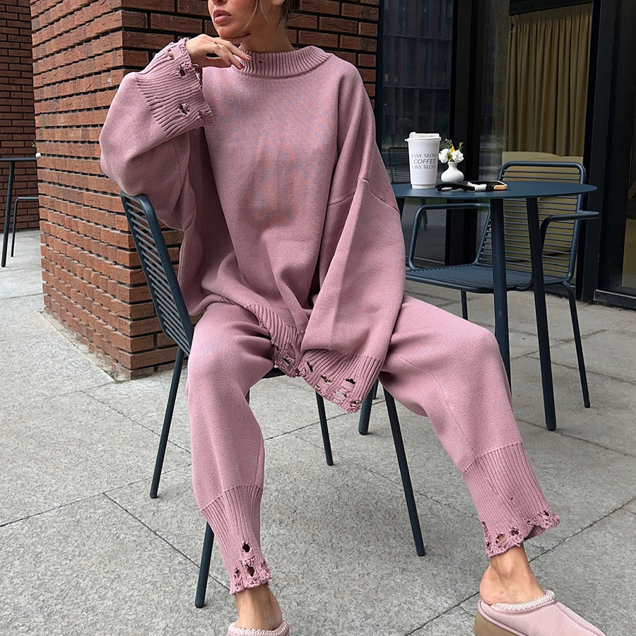 Winter Knitted Ankle Tight Pants Turtleneck Sweater Set