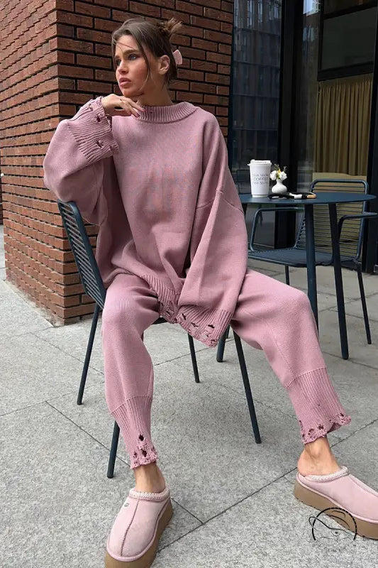 Winter Knitted Ankle Tight Pants Turtleneck Sweater Set