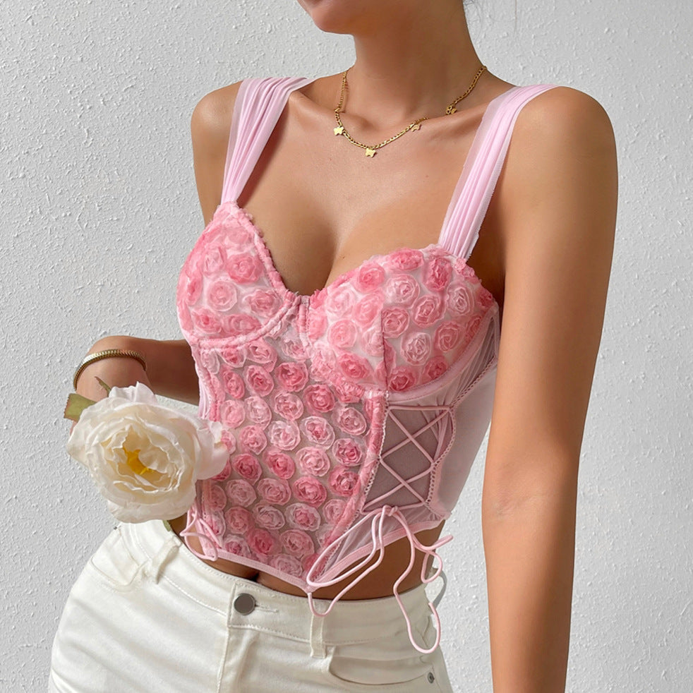 Pink floral corset top in Summer Sweet Romantic Floral Tied Spaghetti Strap Bra fashion