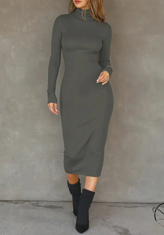 Sleek dark gray long-sleeved turtleneck hip dress in langry fashion ملابس