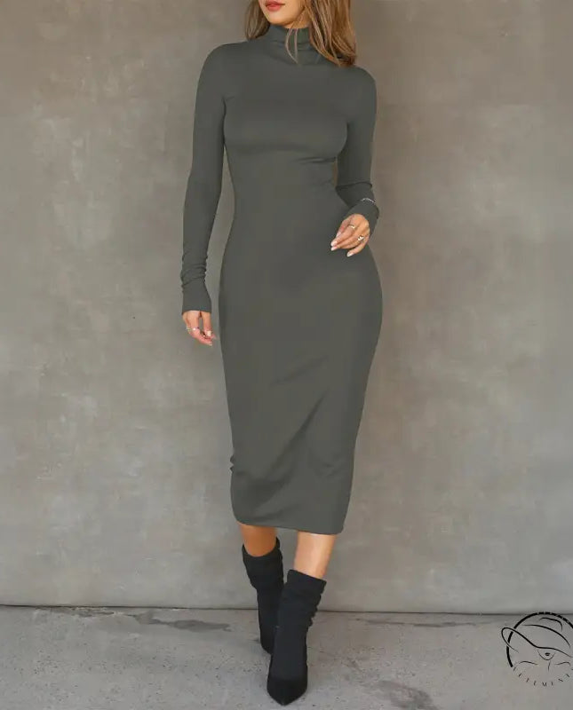 Sleek dark gray long-sleeved turtleneck hip dress in langry fashion ملابس
