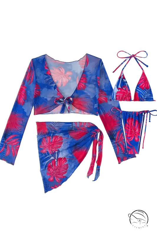 Four piece lace up swimsuit in blue and red tropical leaf print