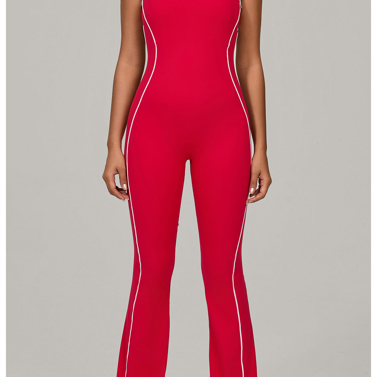 Langry Beauty Back Yoga Jumpsuit: Red and white fitness fashion with piping