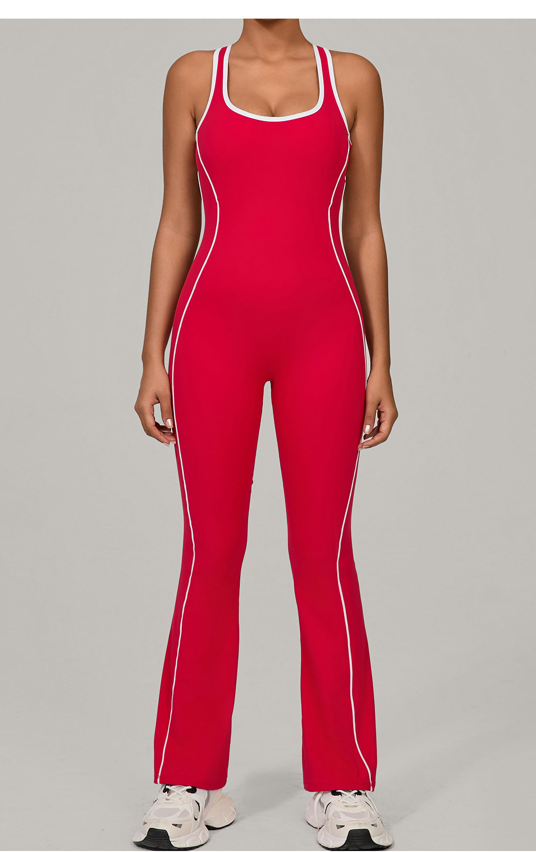 Langry Beauty Back Yoga Jumpsuit: Red and white fitness fashion with piping