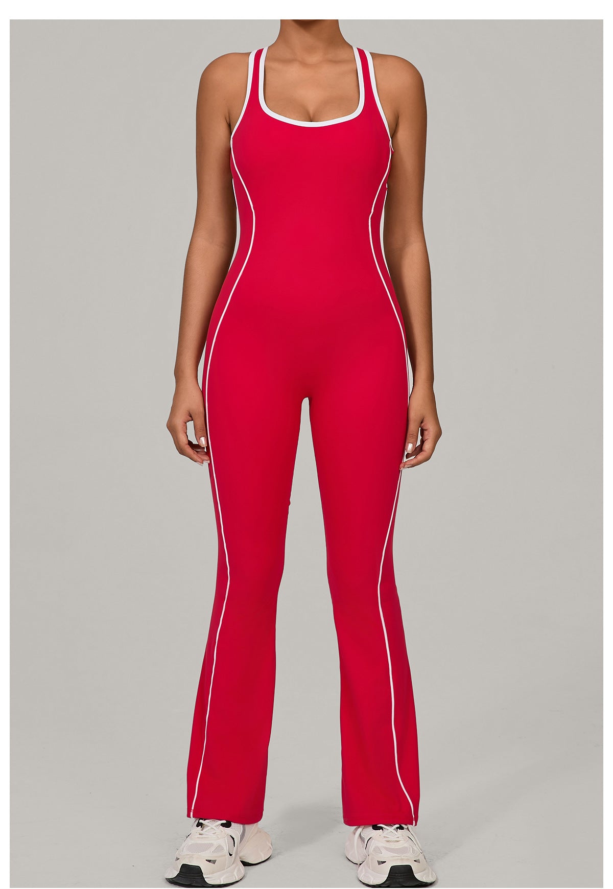 Langry Beauty Back Yoga Jumpsuit: Red and white fitness fashion with piping