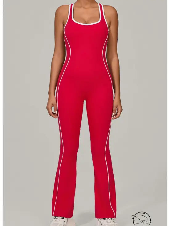 Red and white Beauty Back Yoga Jumpsuit with contrast piping for fitness