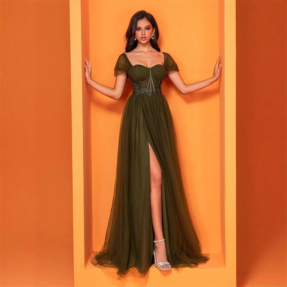 Elegant Cocktail Evening Dress in olive green, perfect for refined fashion occasions
