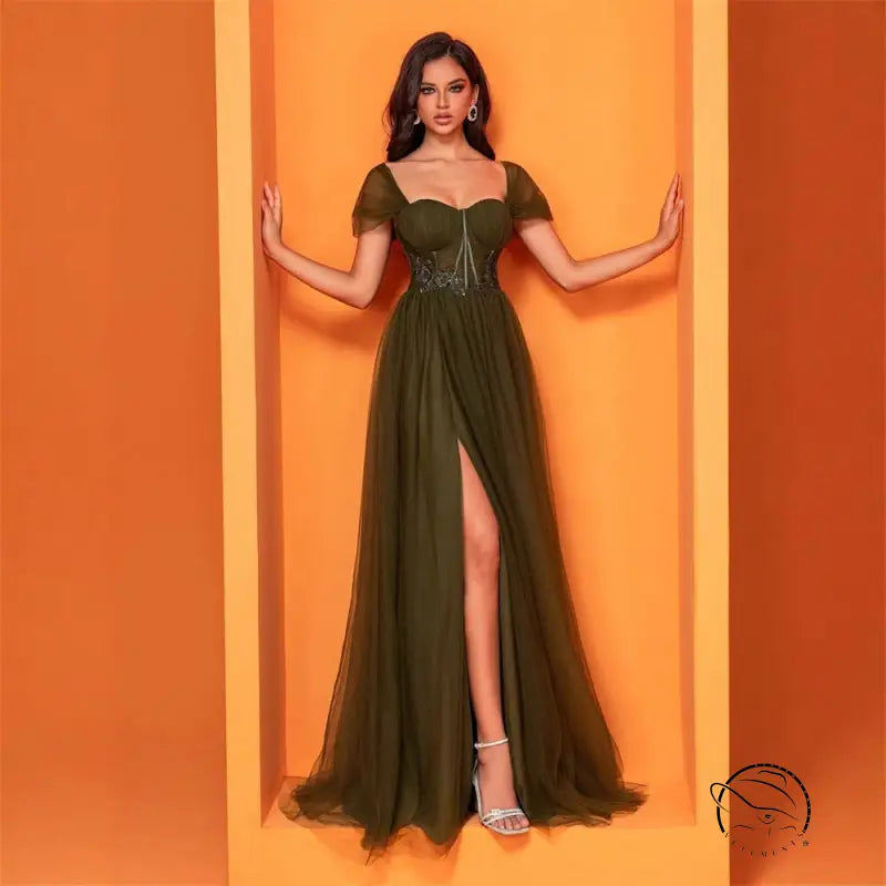 Elegant olive green formal gown in langry fashion ملابس