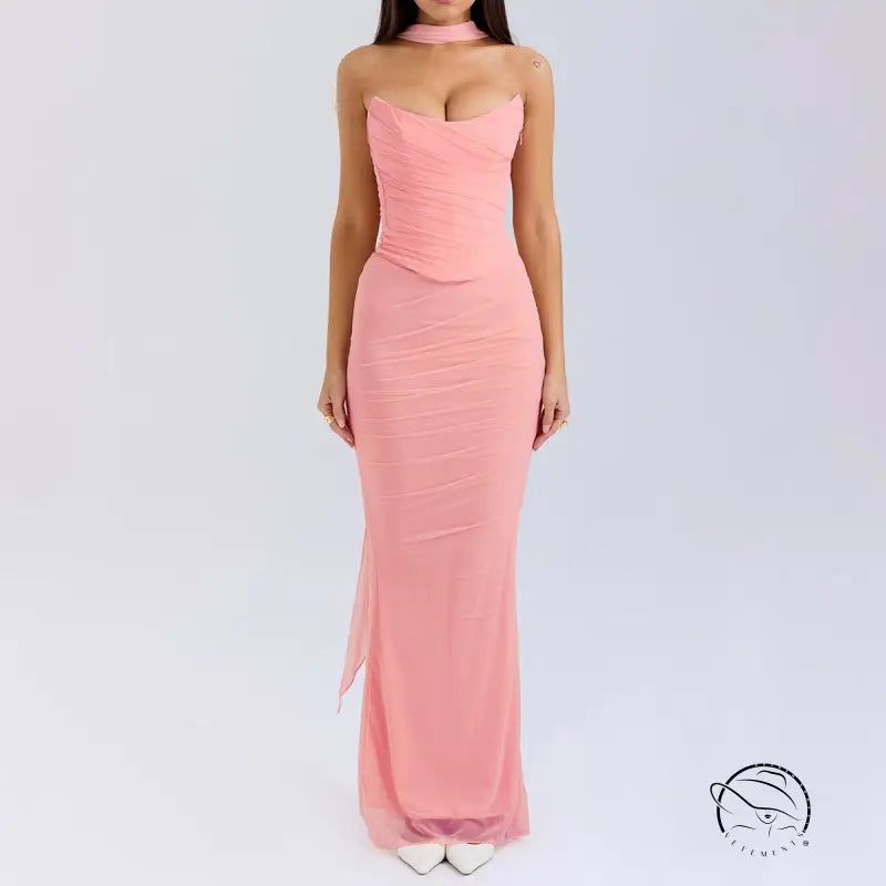 Pink strapless ruched gown in high grade skinny sheath skirt set
