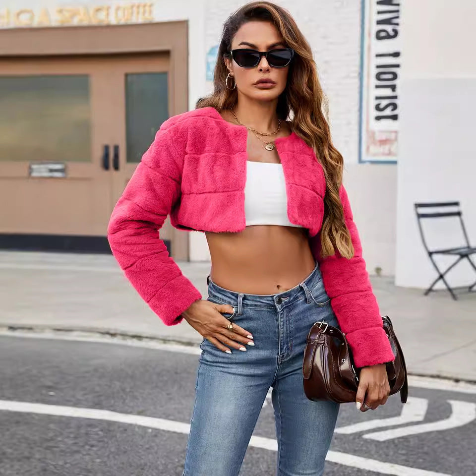Langry fuchsia faux fur cropped jacket in ultra short fashion coat