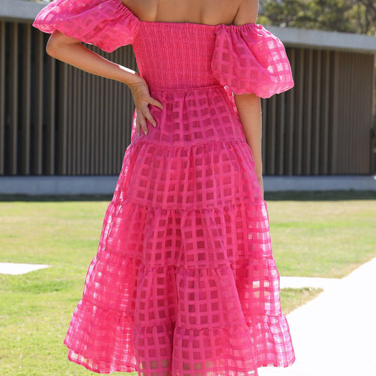 Hot pink checkered off-the-shoulder Enchanting Lantern Sleeve Dress in fashion ملابس