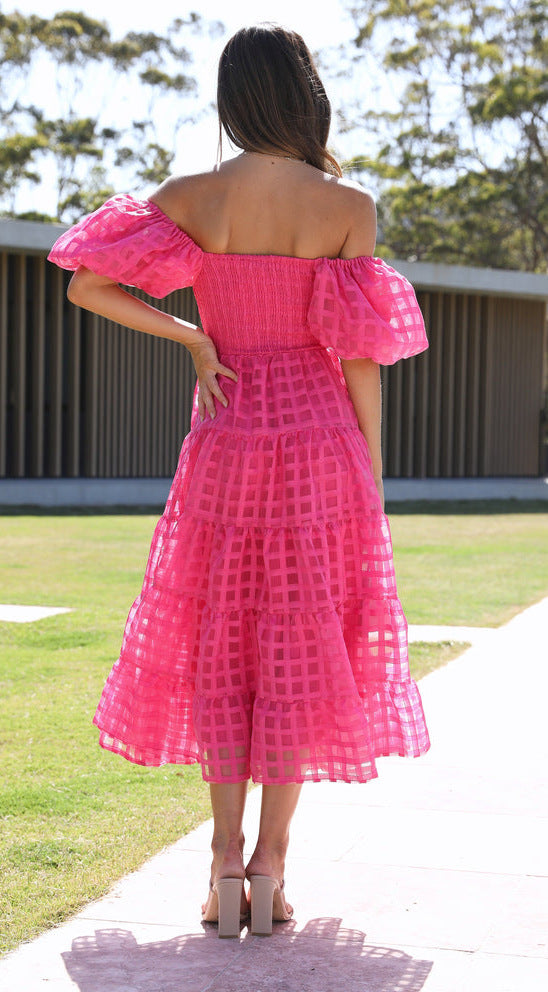 Hot pink checkered off-the-shoulder Enchanting Lantern Sleeve Dress in fashion ملابس