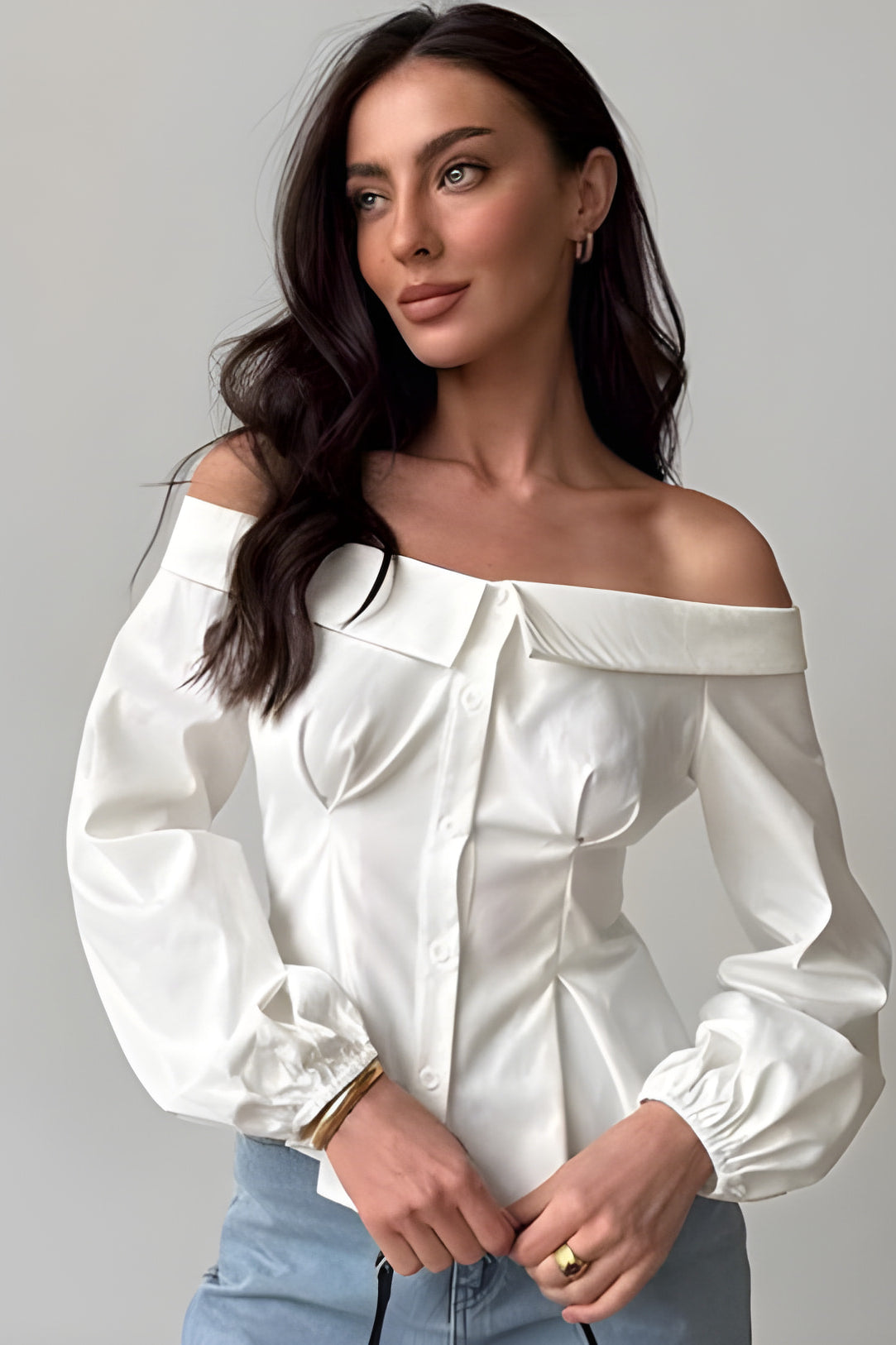 Off-shoulder white blouse with puffy sleeves, part of Elegant French fashion collection