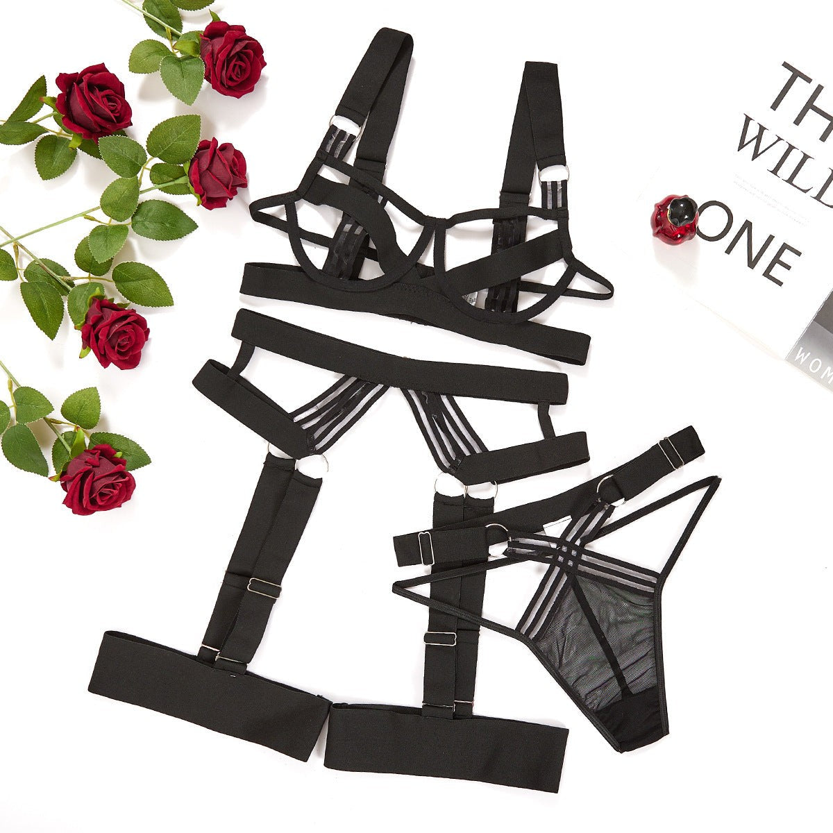 Elegant GARTER LINGERIE featuring a sexy garter lingerie set with modena cutout design