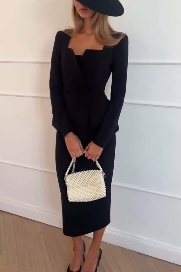 Elegant black long sleeve dress with pearl handbag in fashionable office two-piece set