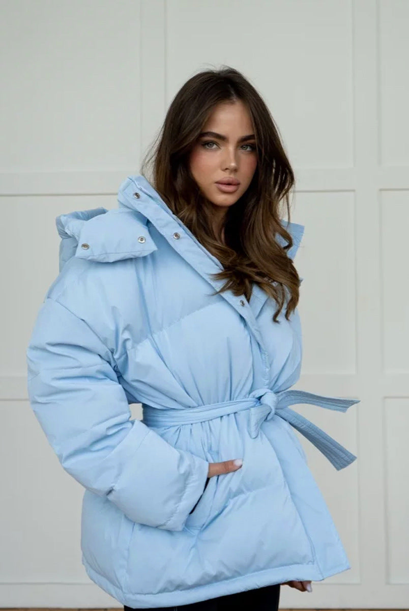 Light blue langry fashion hooded thickened thermal zipper bread coat with matching tie belt