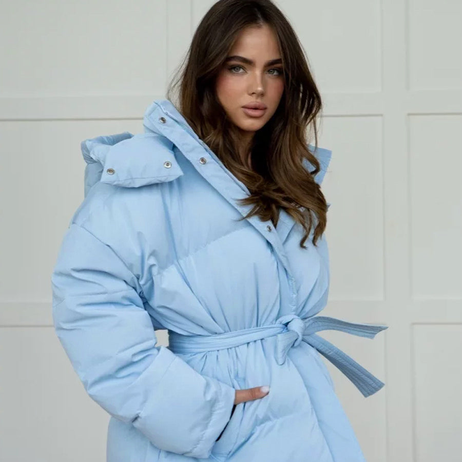 Light blue langry fashion hooded thickened thermal zipper bread coat with matching tie belt
