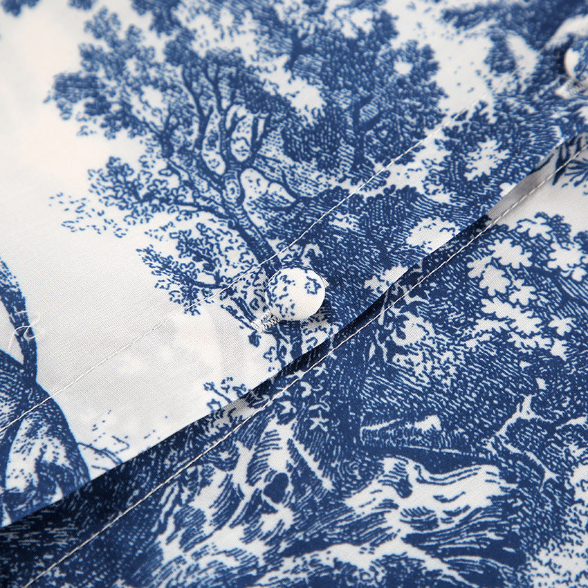 Blue and white toile print fabric with button closure for women’s home wear fashion