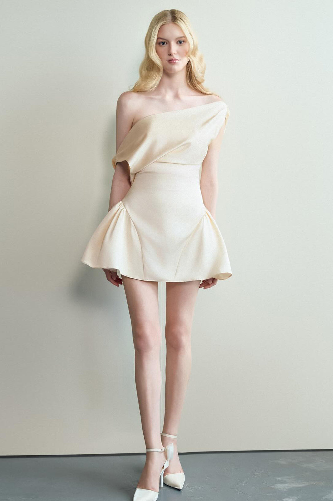 Langry fashion cream off-shoulder satin mini dress with ruffled hem