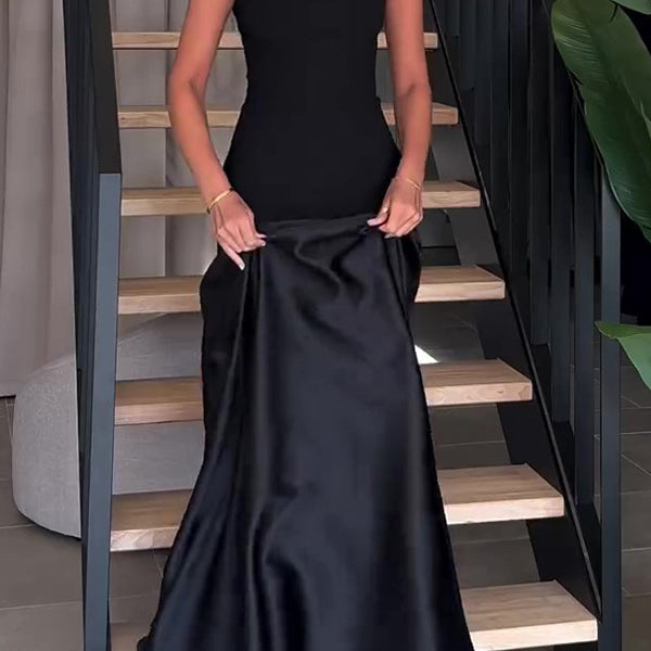 Sleeveless black Beautiful Satin Dress, a stylish choice for modern fashion ملابس