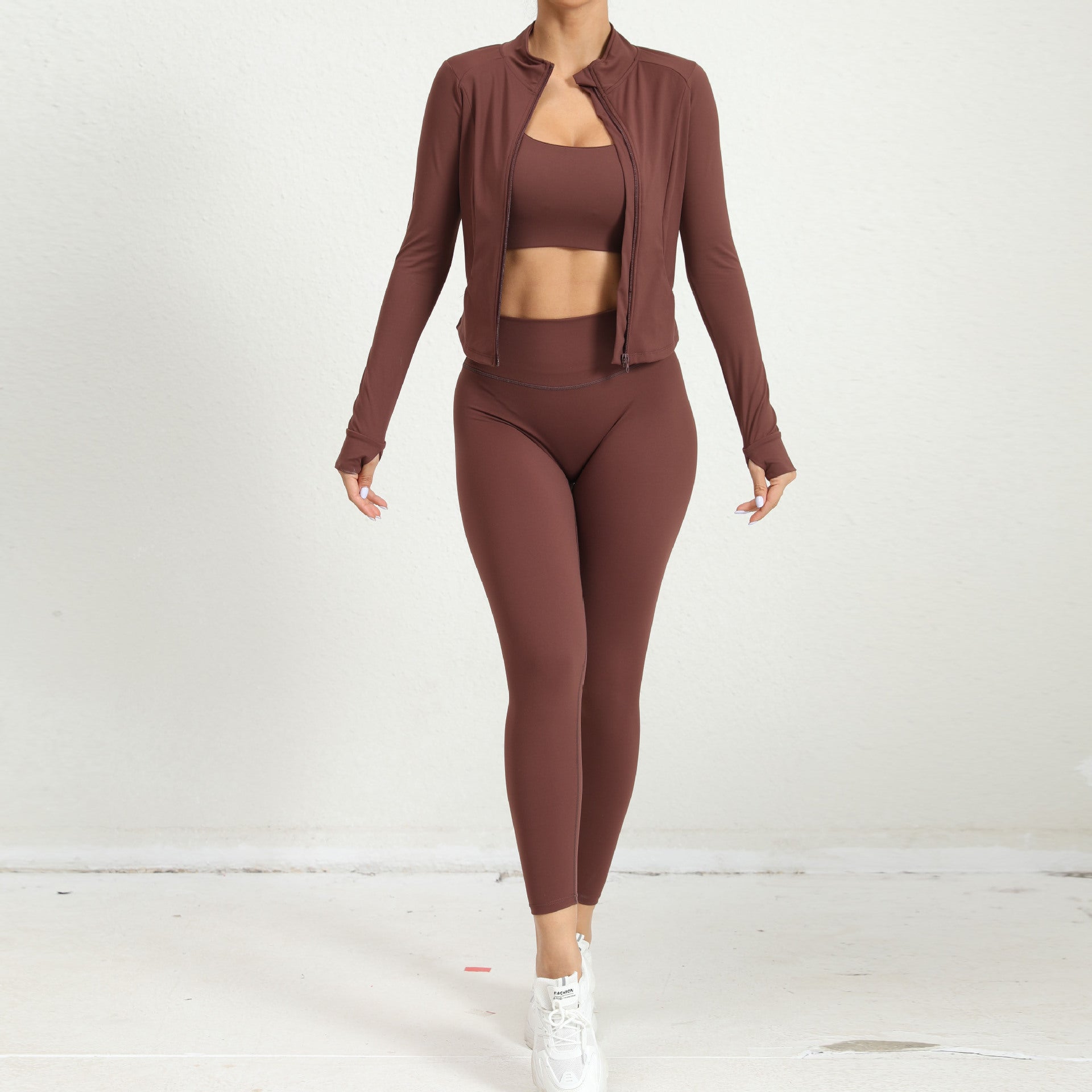 Winter Outdoors Sports Skinny Yoga Clothes Suit Nude Feel Fitness Shockproof High Waist Three Piece
