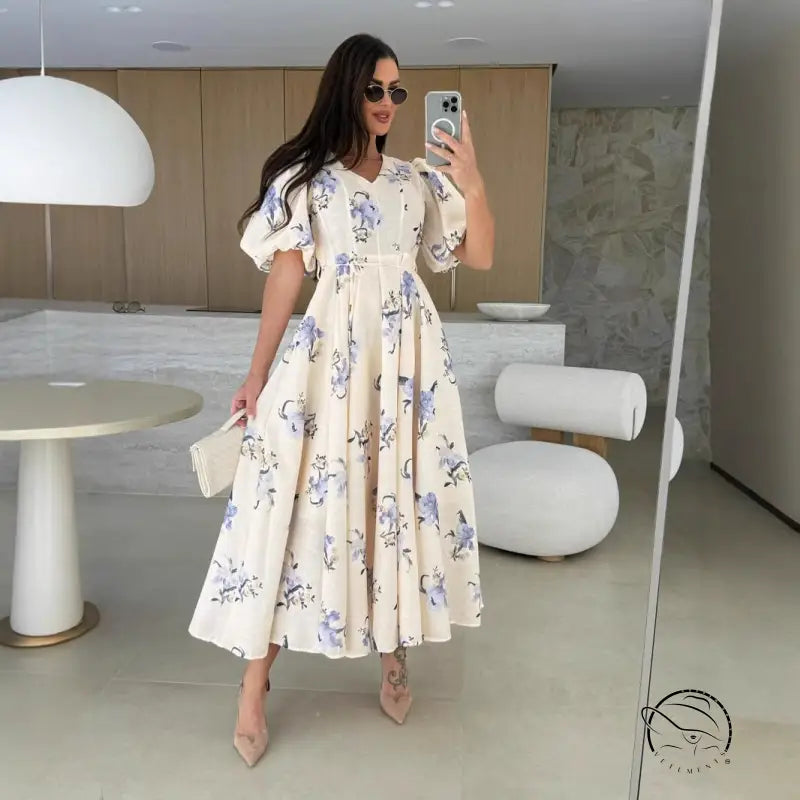Enchanting puff sleeve large swing dress with floral print midi