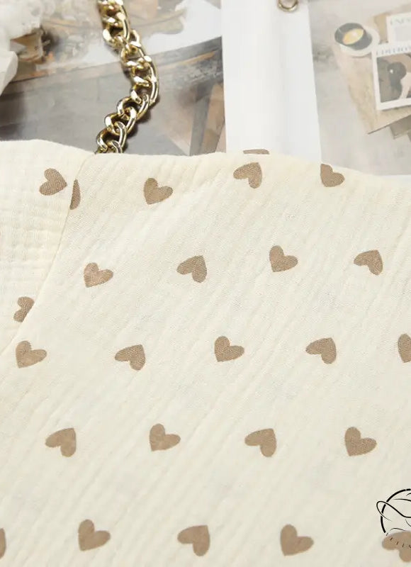 Light cotton linen fabric with brown heart pattern on summer slit shorts set