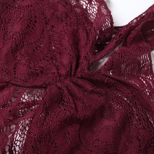 Elegant langry fashion burgundy lace blouse with bow neckline in slim fit tube top dress