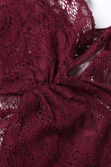 Elegant langry fashion burgundy lace blouse with bow neckline in slim fit tube top dress