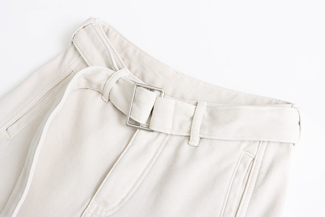 White dress pants showcasing belt loop and waistband detail for fashionable langry ملابس