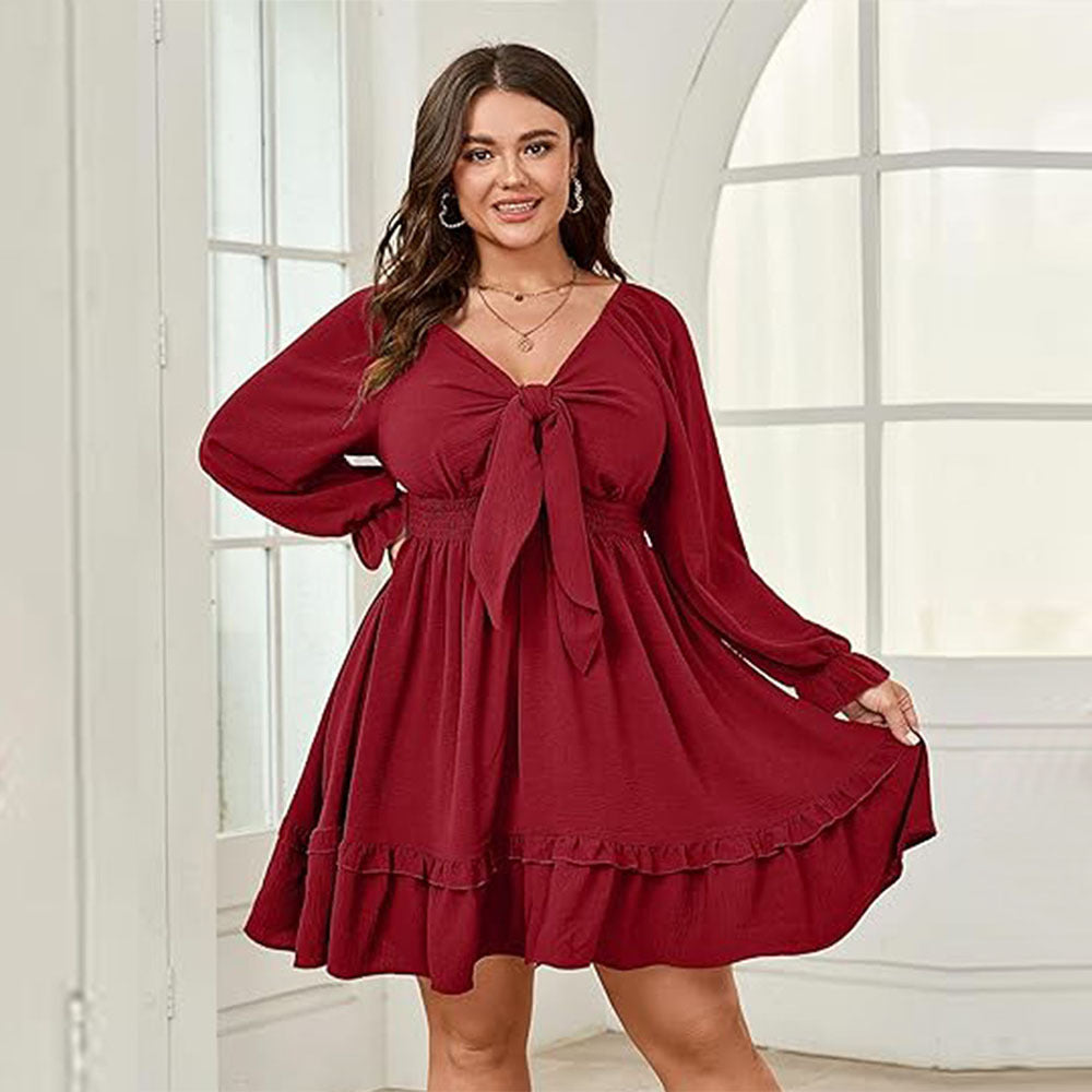 Elegant Red Midi Dress featuring a Burgundy tie-front design for stylish fashion looks