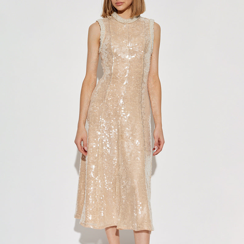 Sleeveless champagne sequined midi dress with high neckline for elegant fashion ملابس